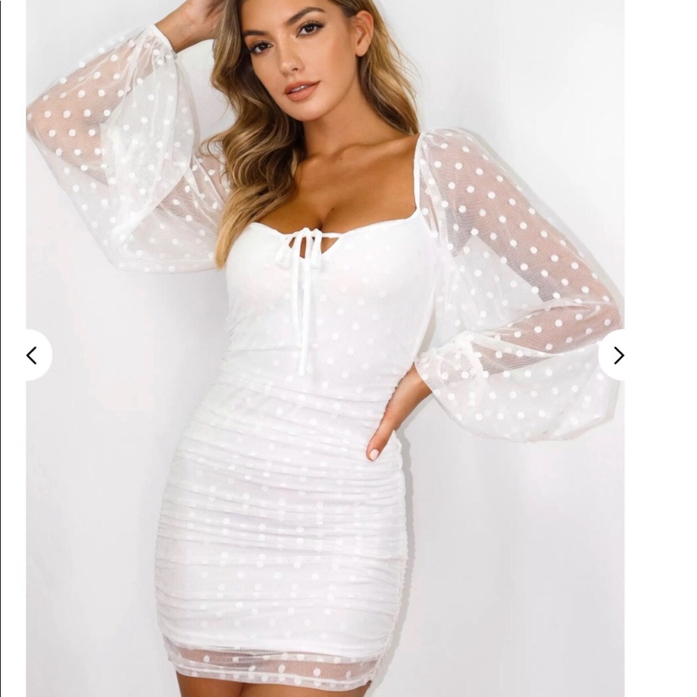 White Polkadot Balloon Sleeve Dress